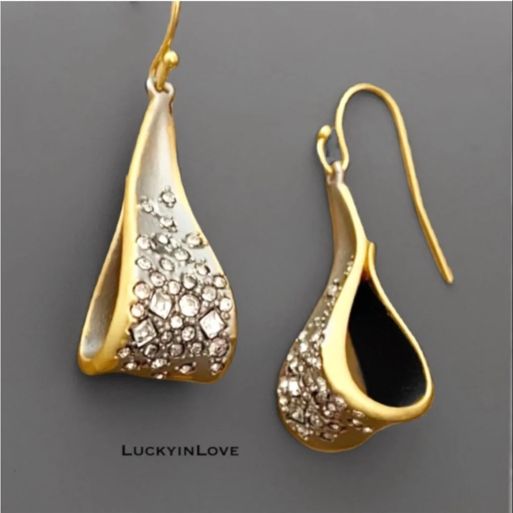 ALEXIS BITTAR • Ribbon Curl Bow Crystal Dusted Matte Silver Gold Drop Earrings